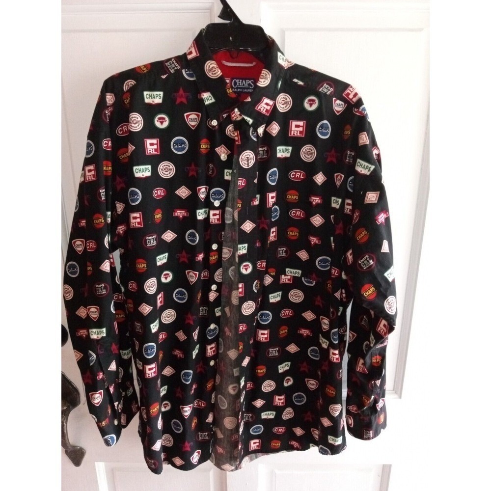 Chaps Ralph Lauren Mens Racing Patch Print Button Down Shirt Black Large Vintage